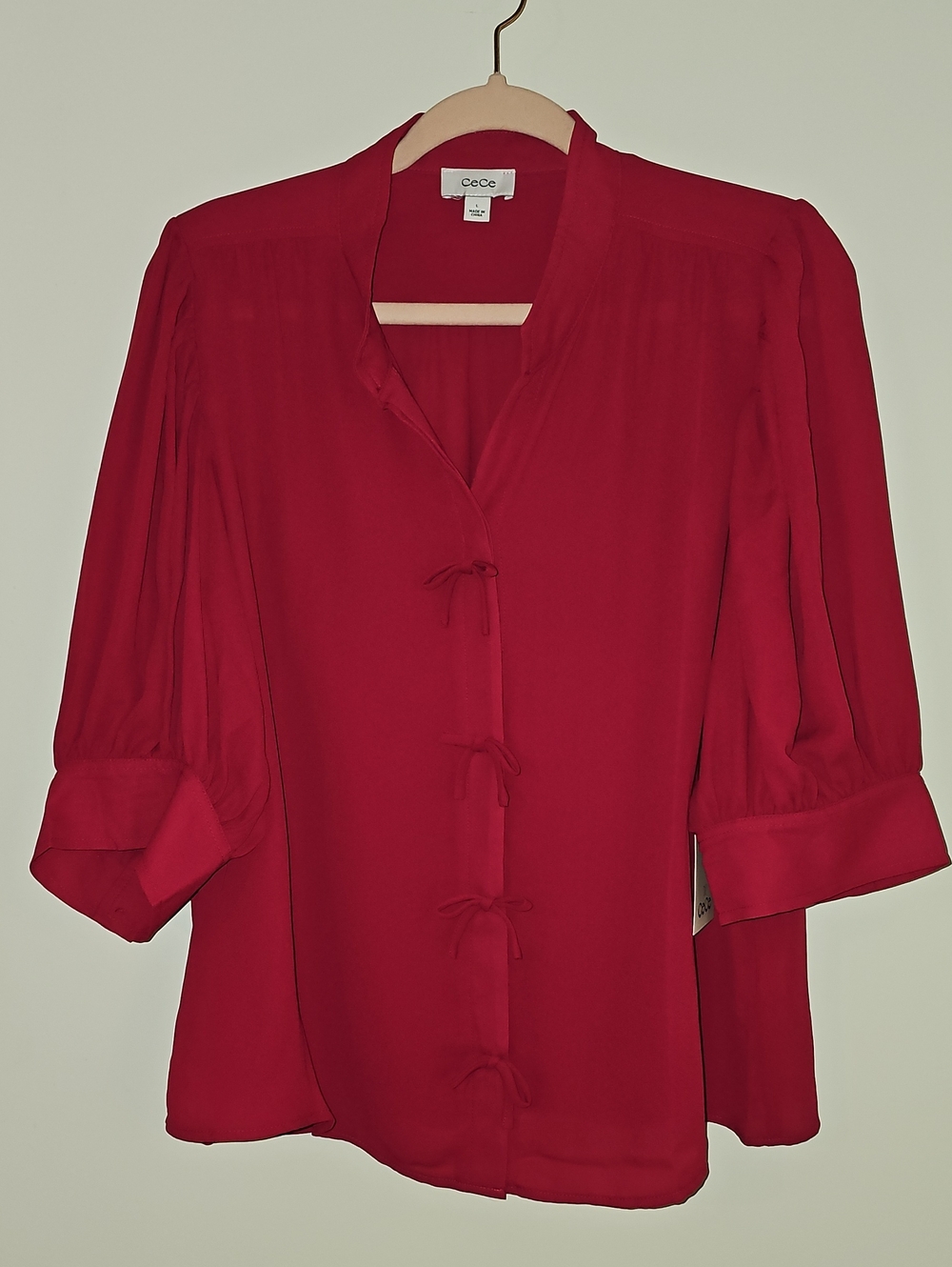 CeCe Deep Red Tie-Front Blouse
